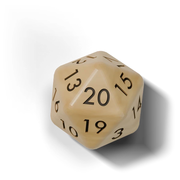 A twenty-sided die of aged ivory Bakelite, the 20 uppermost