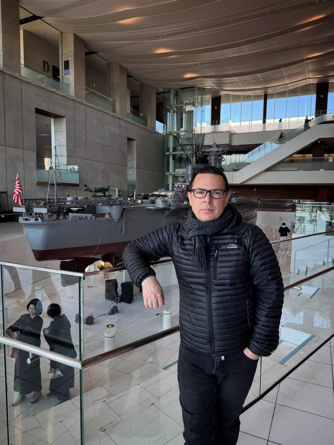 The author at the rail above the Yamato model, Kure
